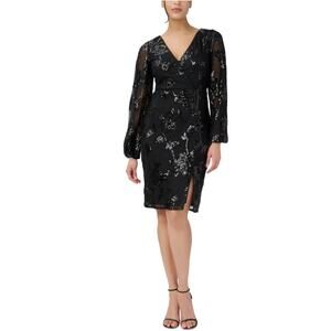 Adrianna Papell Sequined Long Sleeve V-Neck Sheath Cocktail Dress Black Size 10